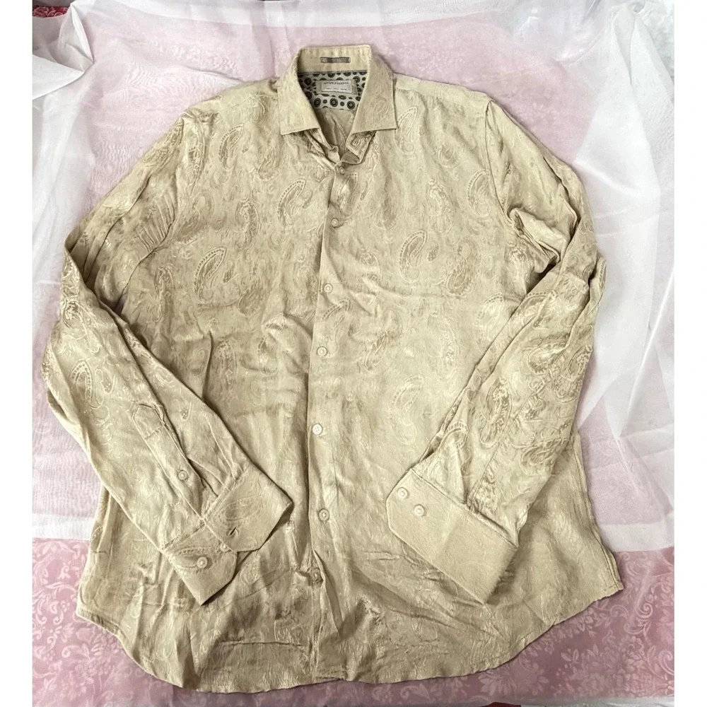 Denim & Flower Ricky Singh Mens Large Champagne Beige Paisley Jacquard Shirt L